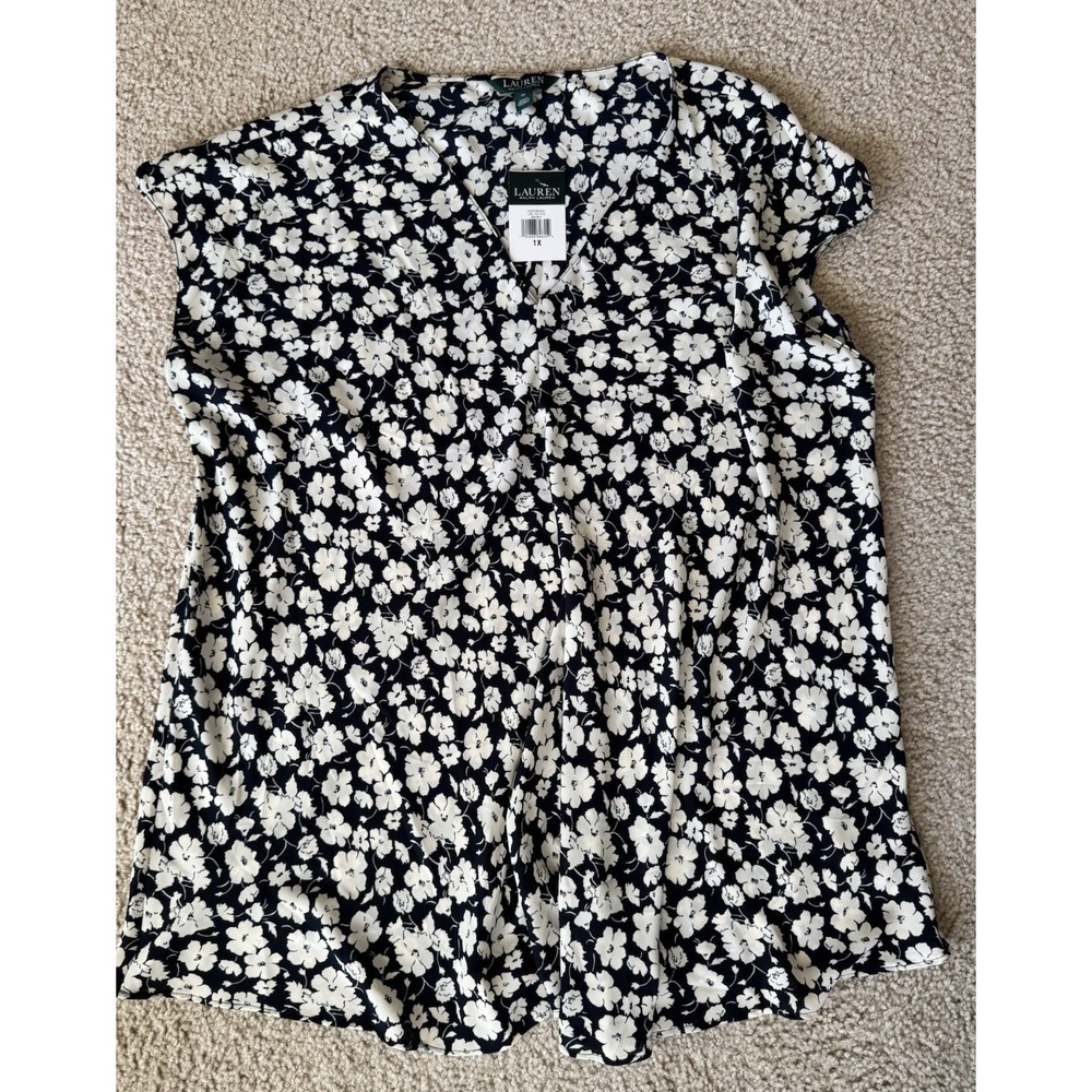 Ralph‎ Lauren Blouse Women's Plus 1X Cap Sleeve Floral Black & White NWT